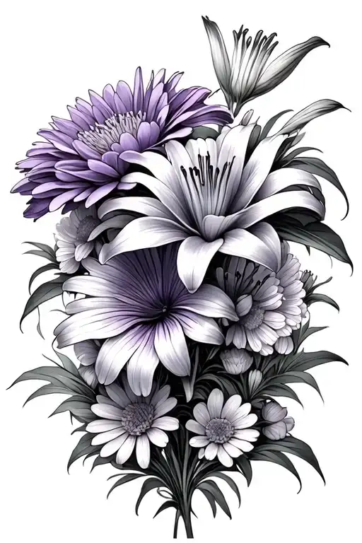 violet lily Chrysanthemum aster bouquet tattoo design idea