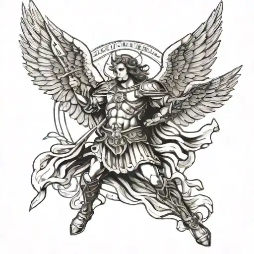 st michael warrior holding cross and a sore with angel wings tattoo design idea