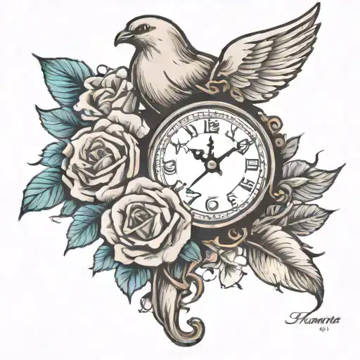 forearm tattoo with dove  rose clock and open book  tattoo design idea