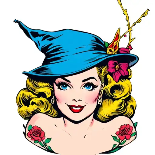 The face and upper body of a Pin Up style wizard from the 1950s, seen from three quarters tattoo design idea