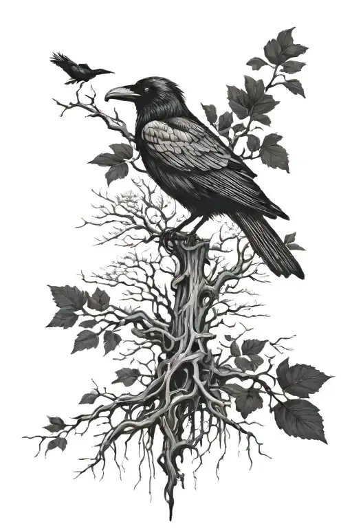 Need a sketch of a sleeve. Crows are flying on the shoulder, just below the face are blurred, all this is connected with a large tree, the roots of which tattoo design idea
