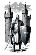 knight Templar with shield and sword standing in front of castle tattoo design idea