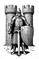 knight Templar with shield and sword standing in front of castle tattoo design idea