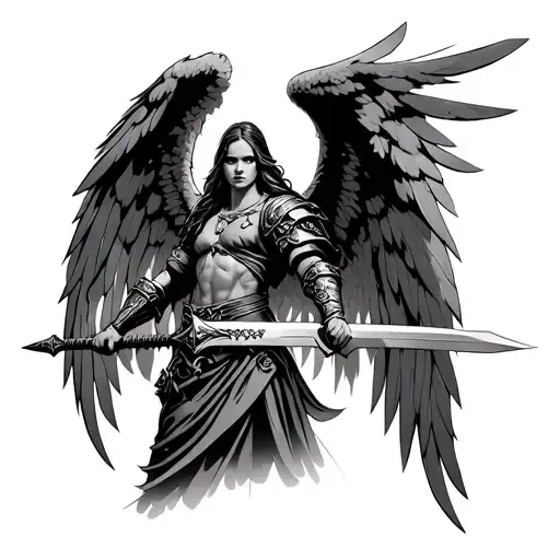 warrior angel with sword in hand tattoo design idea