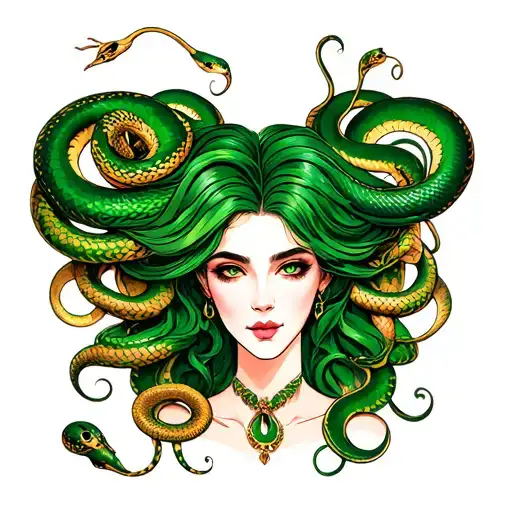 Prett faced lady with green and gold snakes for hair tattoo design idea