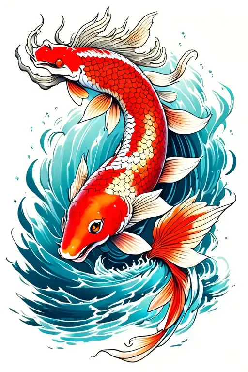 Koi fish swimming up waterfall turning into dragon tattoo design idea