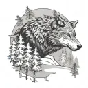 wolf in snow with trees and eagle in the sky tattoo design idea