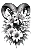 Aries thigh tattoo, that has tiger lilies, Daisy's, Violets, Chrysanthemum, small astrology tattoo design idea