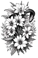 Aries thigh tattoo, that has tiger lilies, Daisy's, Violets, Chrysanthemum, small astrology tattoo design idea
