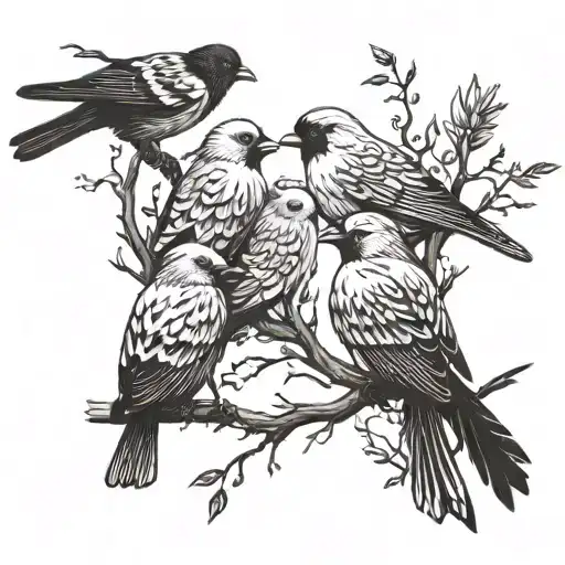 A family of birds perched on a branch, each bird representing a different family member, with puzzle pieces in their feathers tattoo design idea
