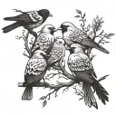 A family of birds perched on a branch, each bird representing a different family member, with puzzle pieces in their feathers tattoo design idea