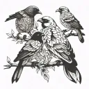 A family of birds perched on a branch, each bird representing a different family member, with puzzle pieces in their feathers tattoo design idea