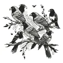 A family of birds perched on a branch, each bird representing a different family member, with puzzle pieces in their feathers tattoo design idea