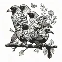 A family of birds perched on a branch, each bird representing a different family member, with puzzle pieces in their feathers tattoo design idea
