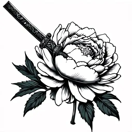 Japanese saber and peony. Light and fine lines tattoo design idea