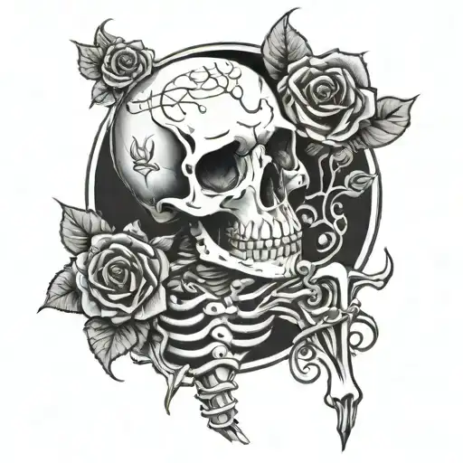 Sad skeleton holdind a rose tattoo design idea