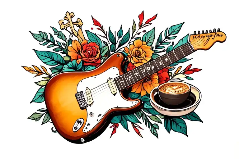 cross, coffee, electric guitar tattoo design idea