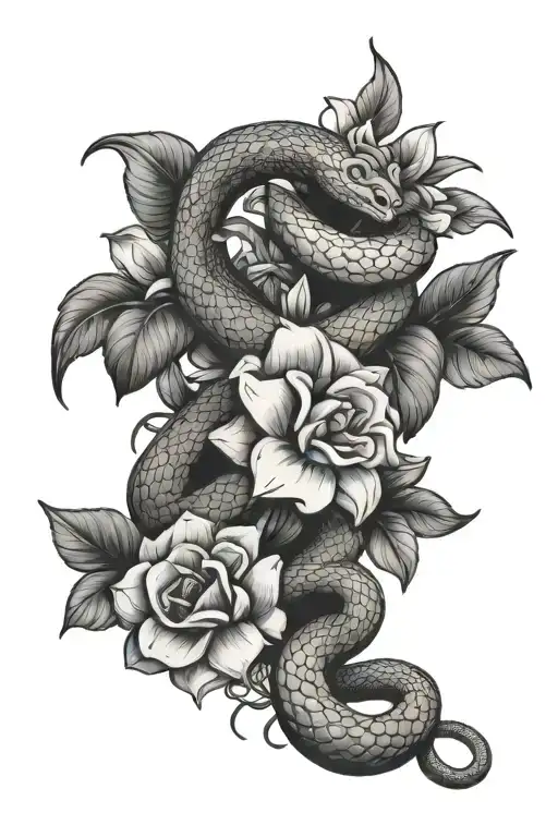 snake flower bouquet tattoo design idea
