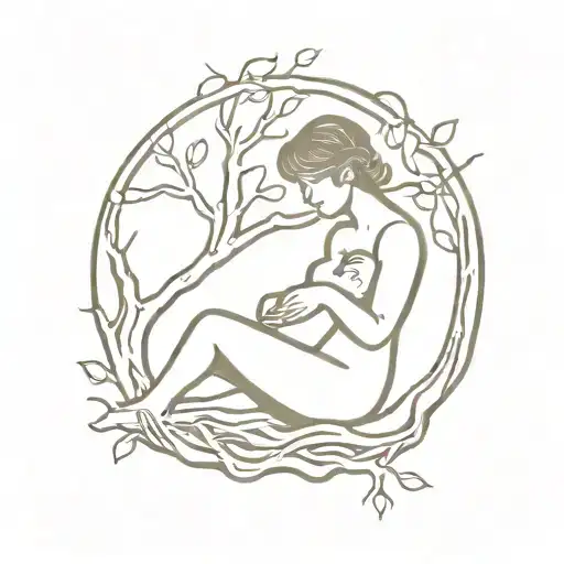 silhouette of a woman breastfeeding in a tree of life with roots tattoo design idea