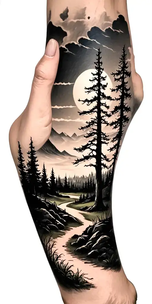creepy forest scene with black sky golf course montagne tattoo design idea