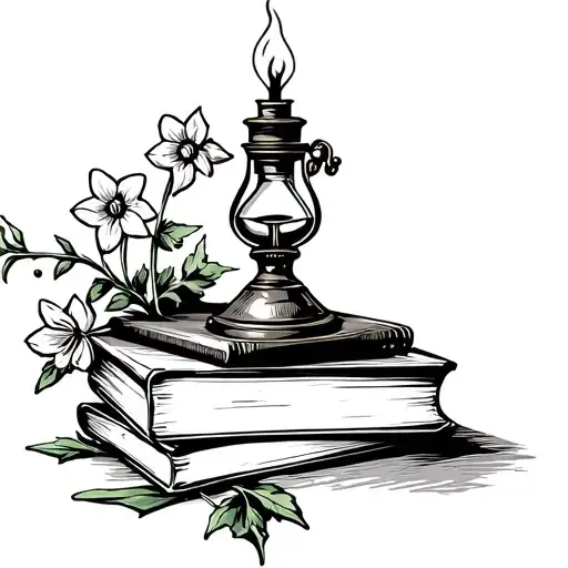 Antique oil lamp with flame on stack of 3 books. Ivy and daffodils decorating books. tattoo design idea
