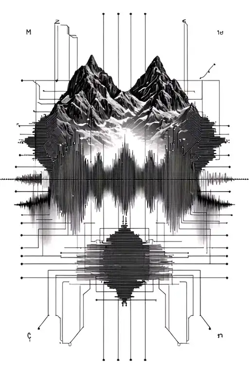 audio engineering circuitry schematic with a spectral sound wave that shapes like mountains tattoo design idea