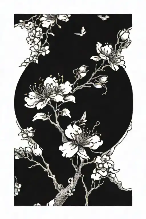Cherry blossoms with 1 rose and 1 carnation and 3 butterflies  tattoo design idea