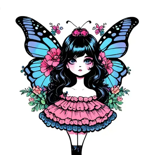 A sissy silhouette adorned with butterfly wings and floral accents tattoo design idea