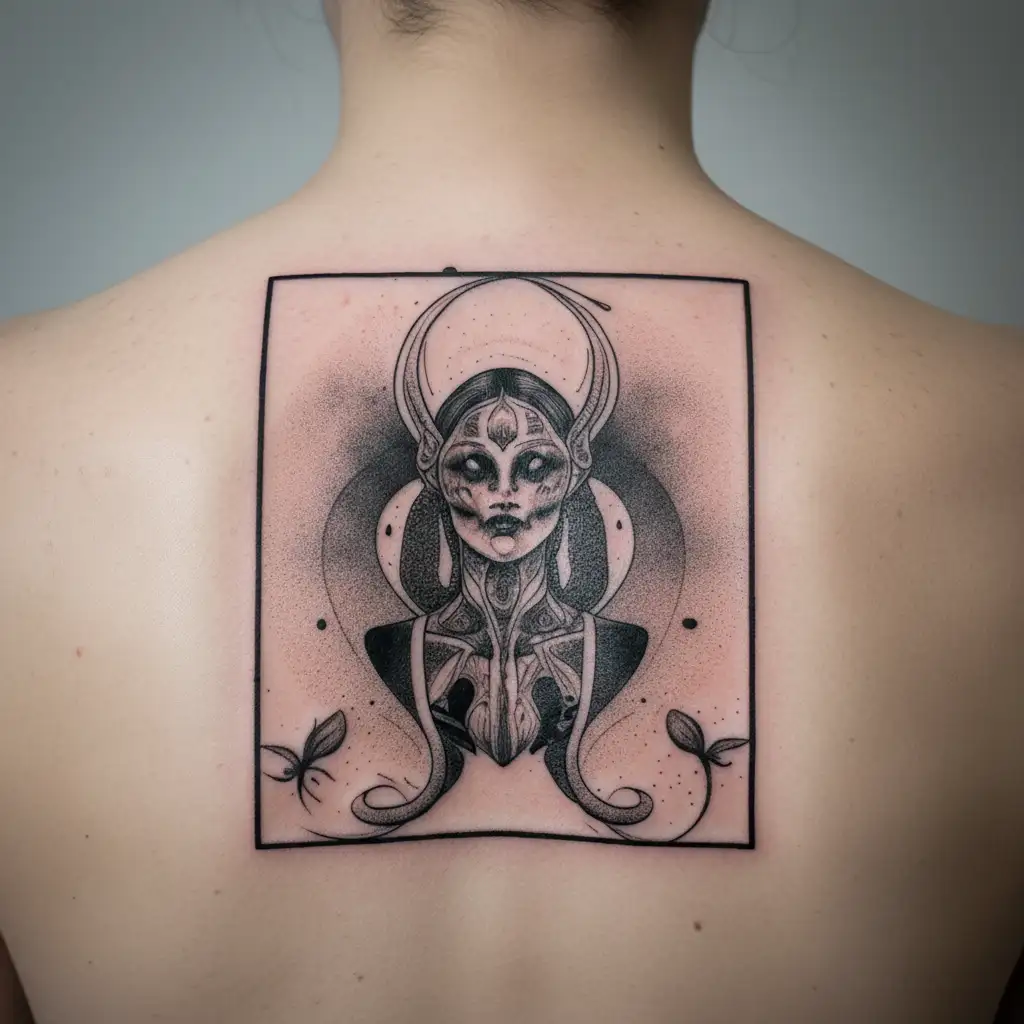 criar uma bruxa hecate com rosto feminino e com 2 lobos  tattoo design idea