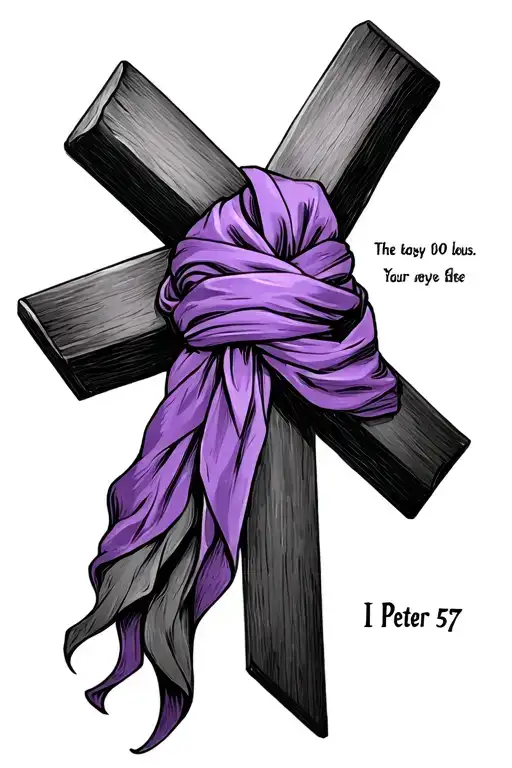 simple elegant cross tattoo w purple scarf and 1 Peter 5:7 tattoo design idea