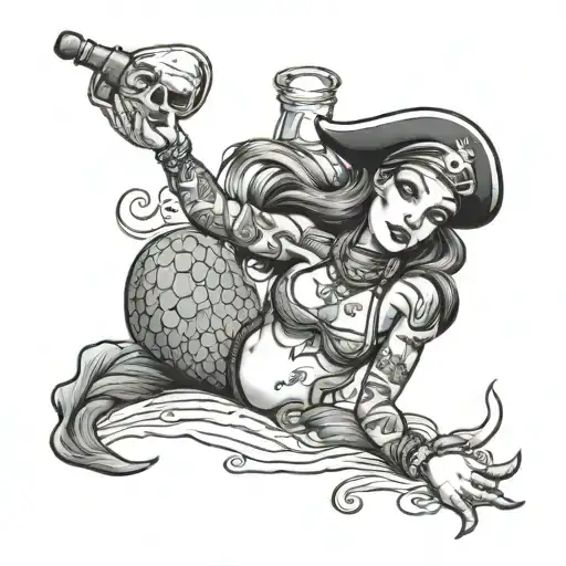 pirate mermaid with a bandana on her head lying down tattooed with a bottle of rum in her hand tattoo design idea