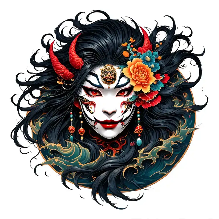 Hannya woman mask, wild hair, fierce gaze. Suzaku on right. Waves from left blend into hair and ornaments. Dark mystic tattoo design idea