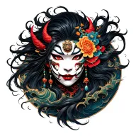 Hannya woman mask, wild hair, fierce gaze. Suzaku on right. Waves from left blend into hair and ornaments. Dark mystic tattoo design idea