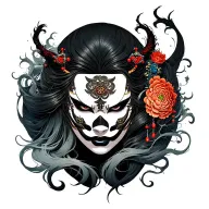 Hannya woman mask, wild hair, fierce gaze. Suzaku on right. Waves from left blend into hair and ornaments. Dark mystic tattoo design idea