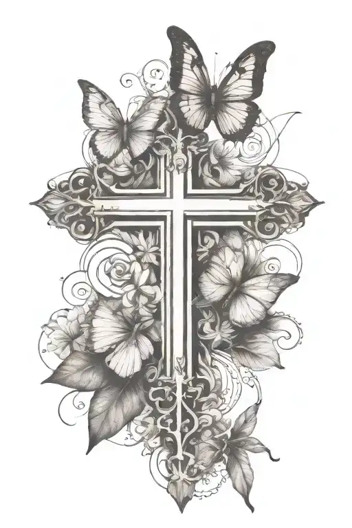 Christian cross and butterfly tattoo design idea