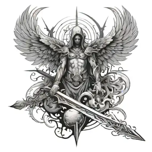 An abstract interpretation of the Valley of the shadow of death, with angel wings and a sword surrounded by cosmic elements tattoo design idea