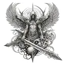 An abstract interpretation of the Valley of the shadow of death, with angel wings and a sword surrounded by cosmic elements tattoo design idea