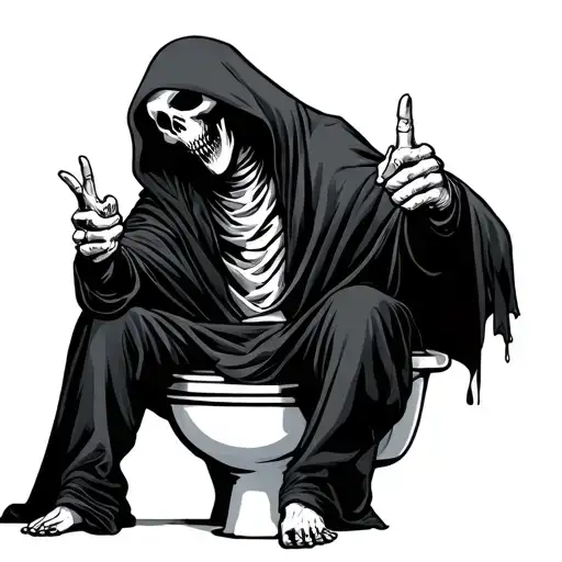 Grim reaper, comic style, sitting on the toilet and showing both middle fingers tattoo design idea