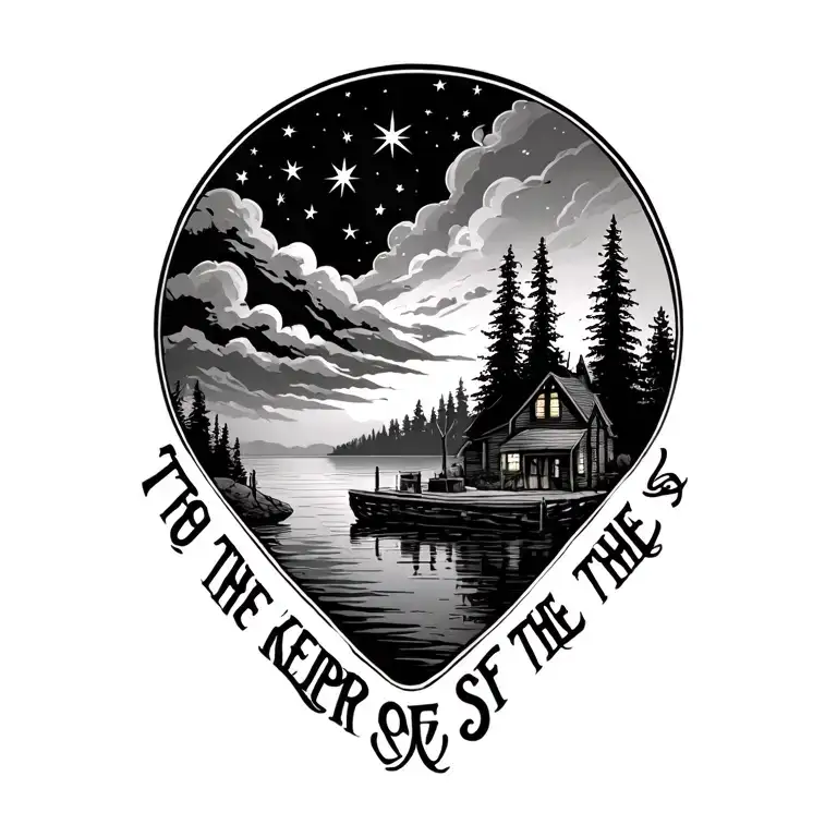 "Thanks to the keeper of the st" Saranac lake scene with stars in sky tattoo design idea