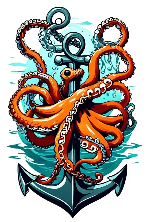 black and orange octopus wrapped around anchor in water with broken chain tattoo design idea