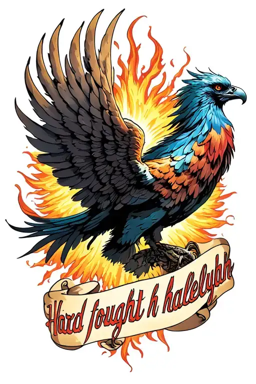 "Hard fought hallelujah " realistic phoenix  tattoo design idea