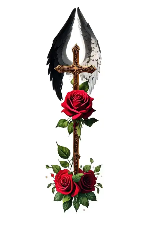 A rose, Cross and Angel wings tattoo design idea