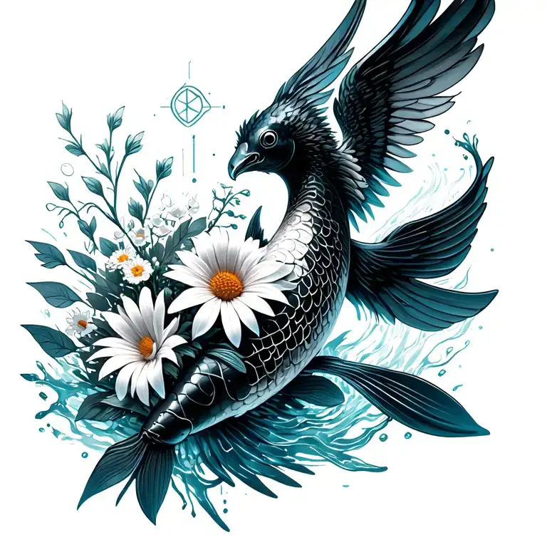 jumping Up out of water black white koi with phoenix wings, bouquet with an aster, a daisy, a lily of the valley tattoo design idea