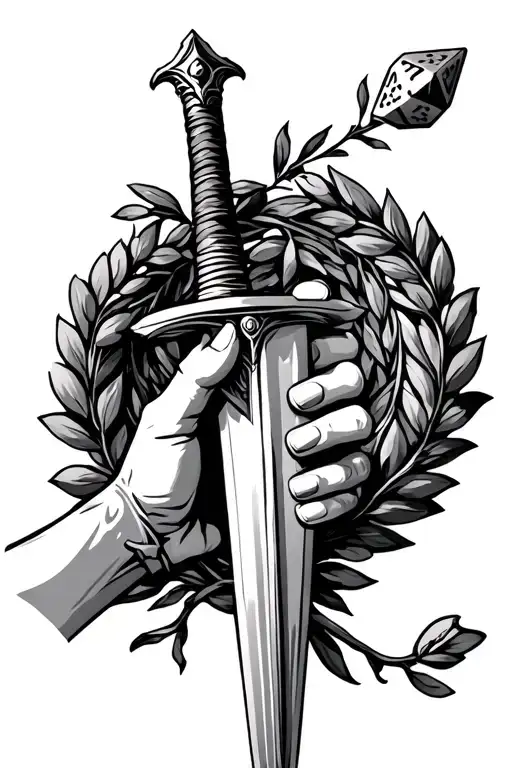 A Hand Holding a Laurel Wreath Encompassing a Die and a Sword: tattoo design idea