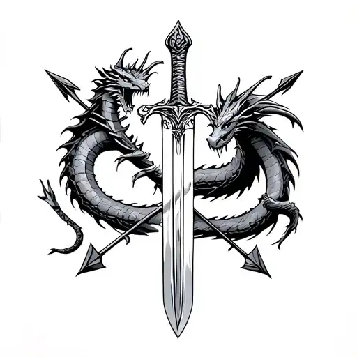 dragon, sword, old books, arrows crossing tattoo design idea