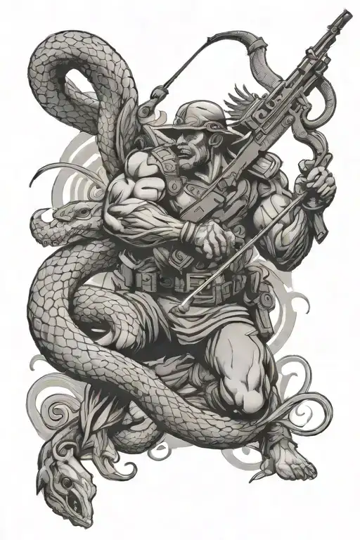 angle Warrior with rifle killing snake coiled tattoo design idea