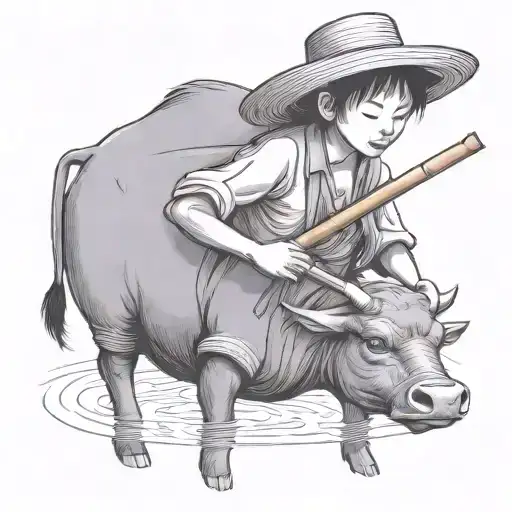straw hat child farmer playing bamboo flute siting on water buffalo tattoo design idea