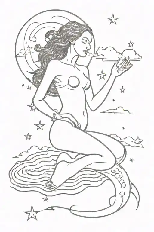 moon tarot card featuring woman with hair flowing into a body of water and clouds, stars, with big dipper constellation tattoo design idea