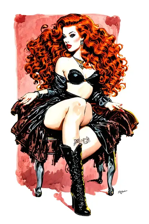 1980s long red head femme fatale posing sexually with stockings and boots pinup style bum and chest busty  tattoo design idea