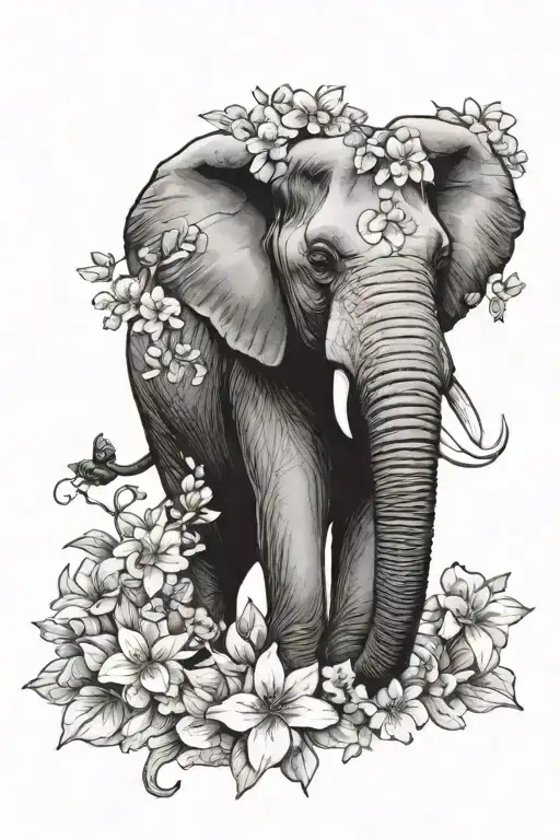 elephant with trunk up surrounded by flowers  tattoo design idea